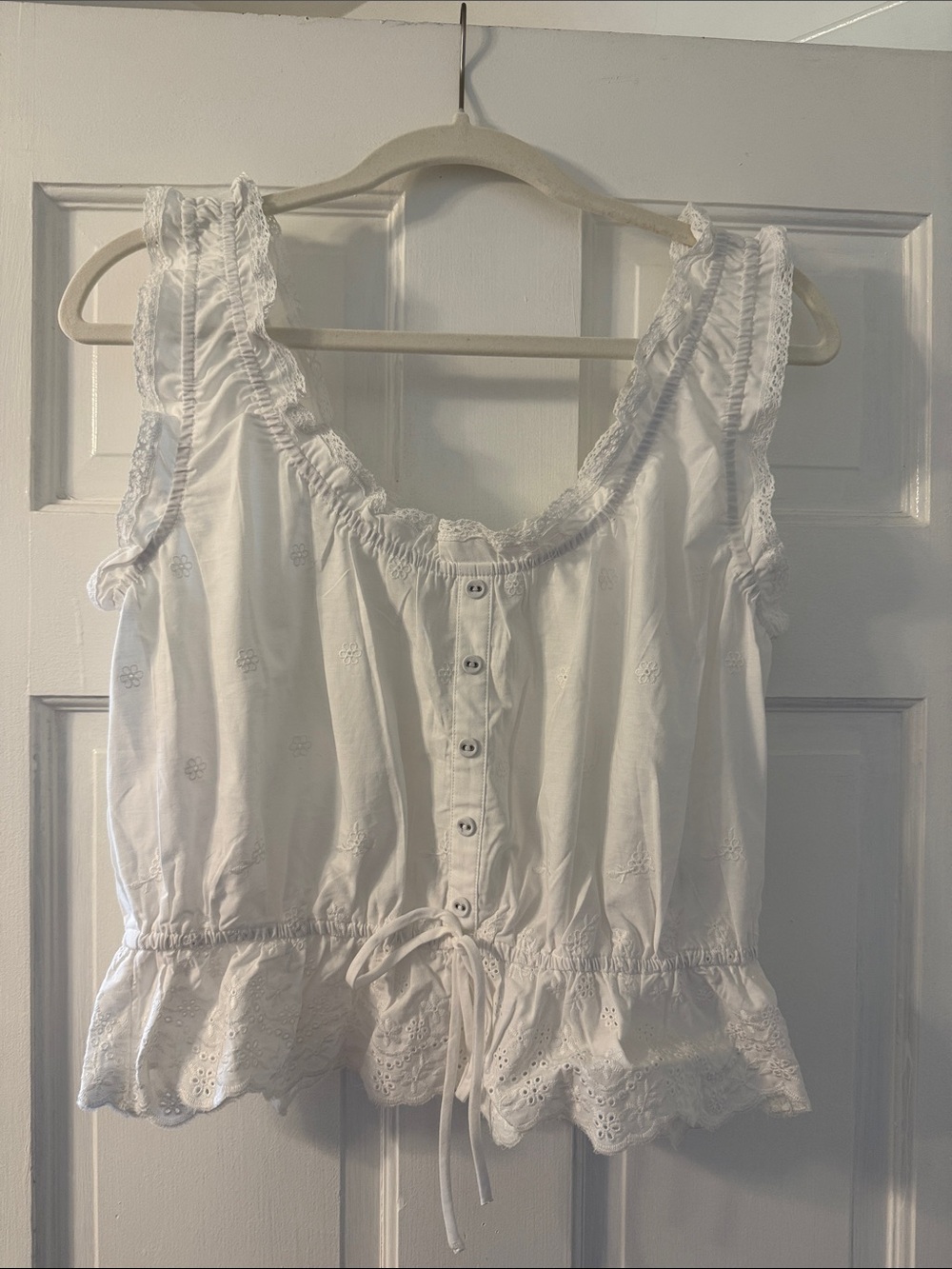 Women's White Lace-Trim Button Front Tank Top